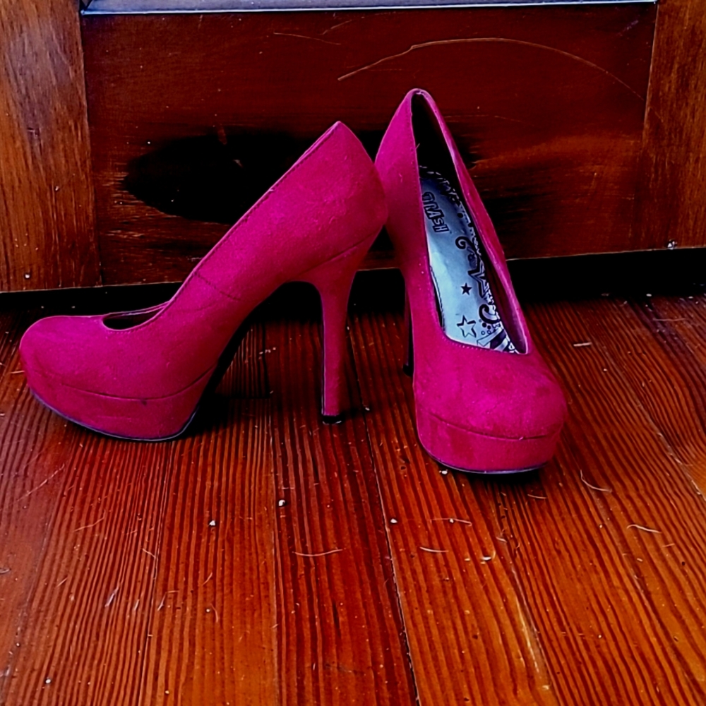 Red velvet platform heels